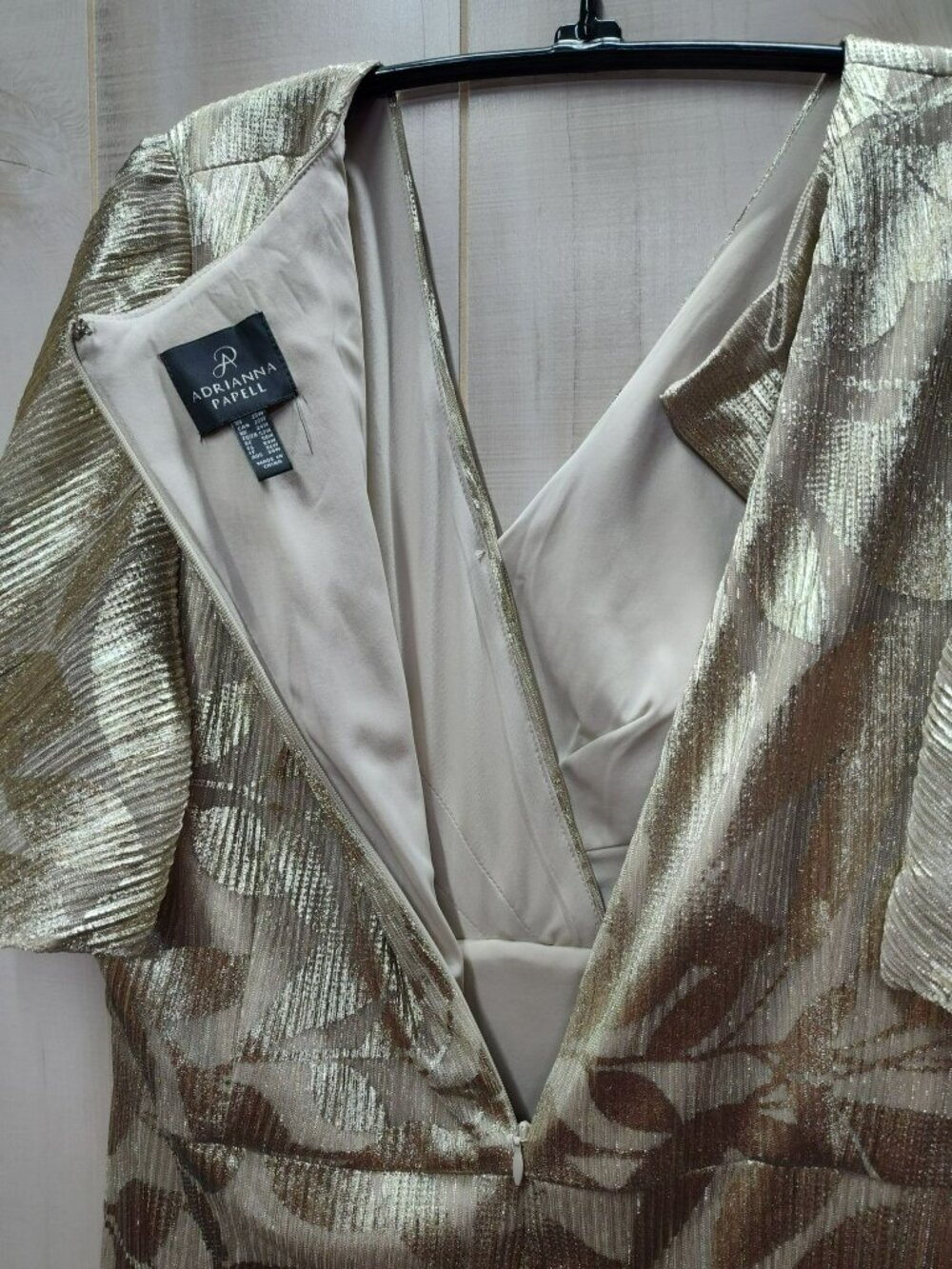 Adrianna Papell Champagne Gold Foil Leaf V-Neck Surplice Draped Gown, Size 20W - Picture 14 of 14